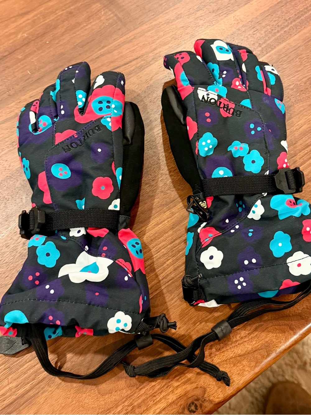 Burton Kids Black Mittens with Blue, Pink & Purple Floral Print